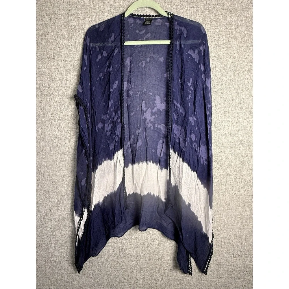 Americana Blue White Denim Tie Dye Wrap‎ Kimono Shawl Crochet Boho Beach Coverup